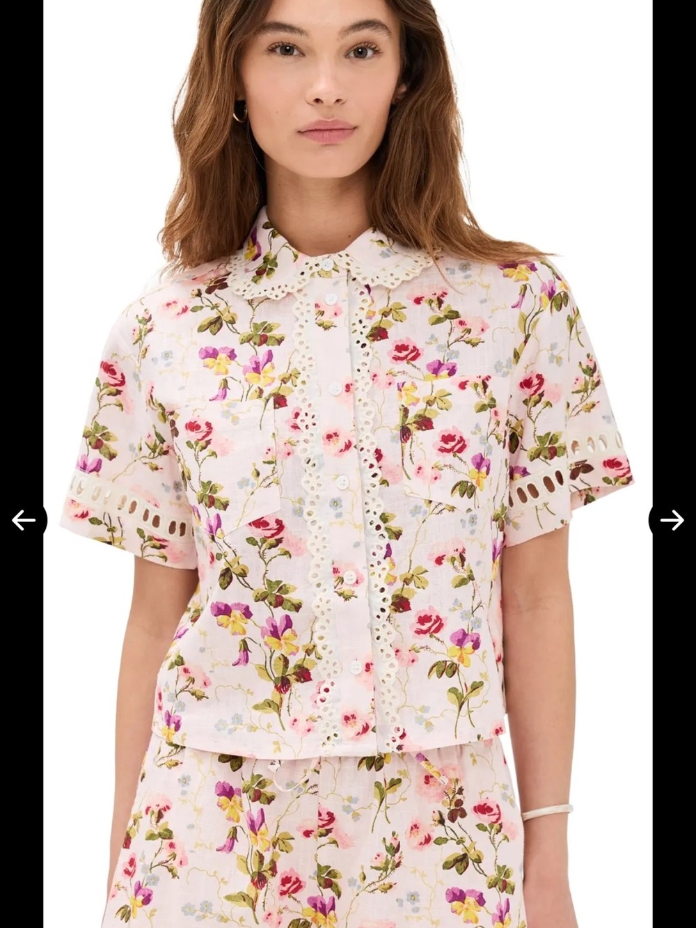 Hill House Pink Floral Eyelet Button-Down Short Sleeve Annette top